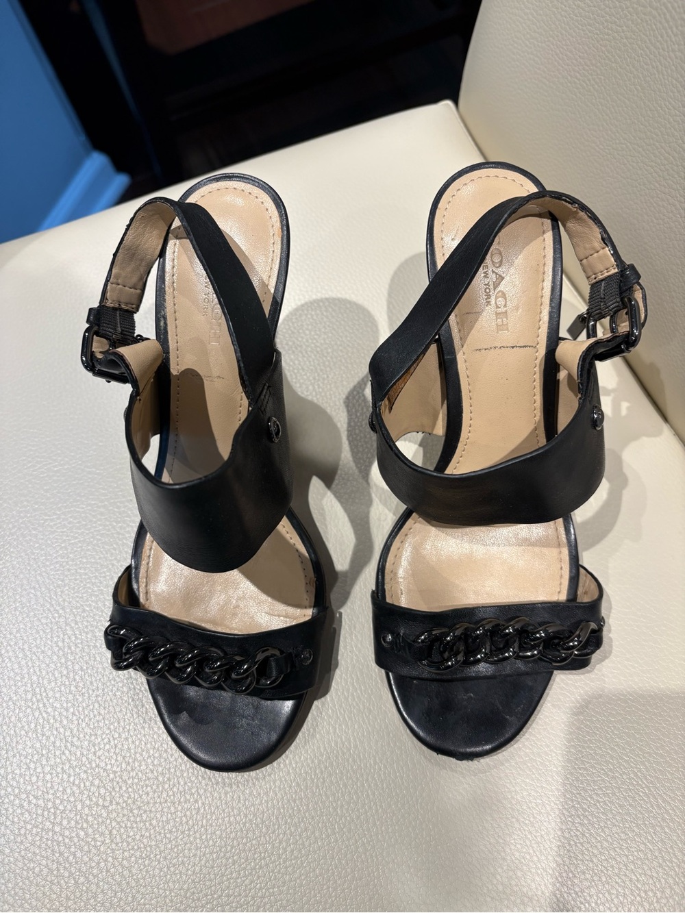 Coach Black Leather Chain-Trim Slingback Heels